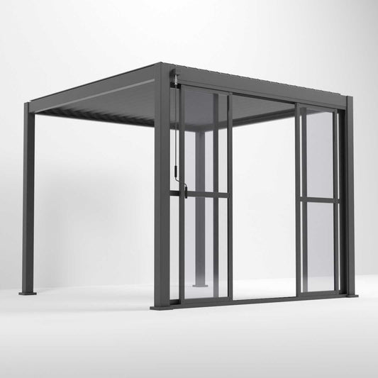 Nova Titan Pergola with Clear Sliding Doors | Aluminium Louvred Pergola – 3m, 3.6m & 4m | Grey
