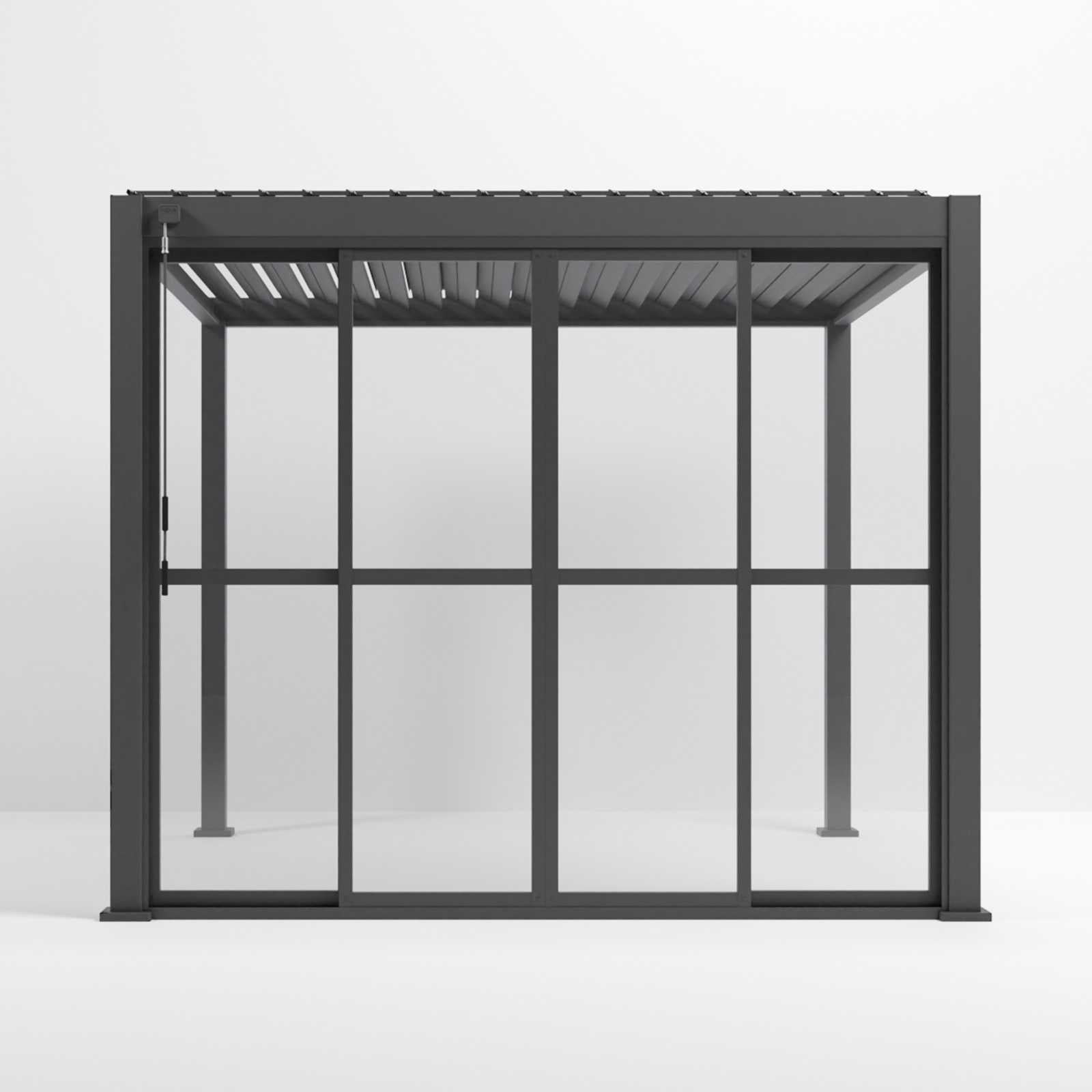 Nova Titan Pergola with Clear Sliding Doors | Aluminium Louvred Pergola – 3m, 3.6m & 4m | Grey