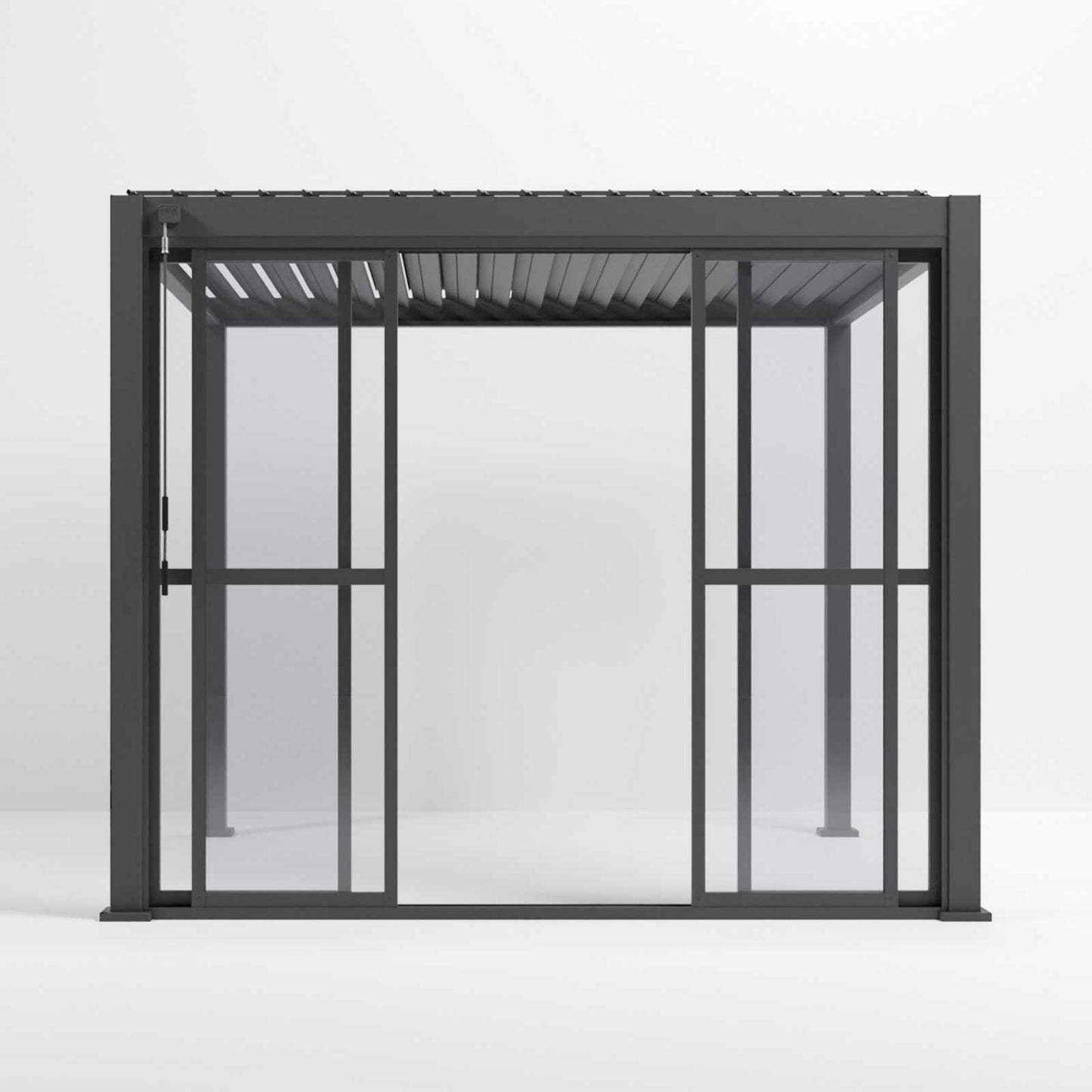 Nova Titan Pergola with Clear Sliding Doors | Aluminium Louvred Pergola – 3m, 3.6m & 4m | Grey
