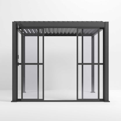 Nova Titan Pergola with Clear Sliding Doors | Aluminium Louvred Pergola – 3m, 3.6m & 4m | Grey