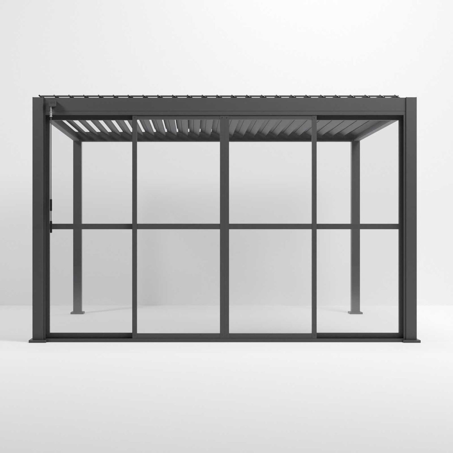 Nova Titan Pergola with Clear Sliding Doors | Aluminium Louvred Pergola – 3m, 3.6m & 4m | Grey