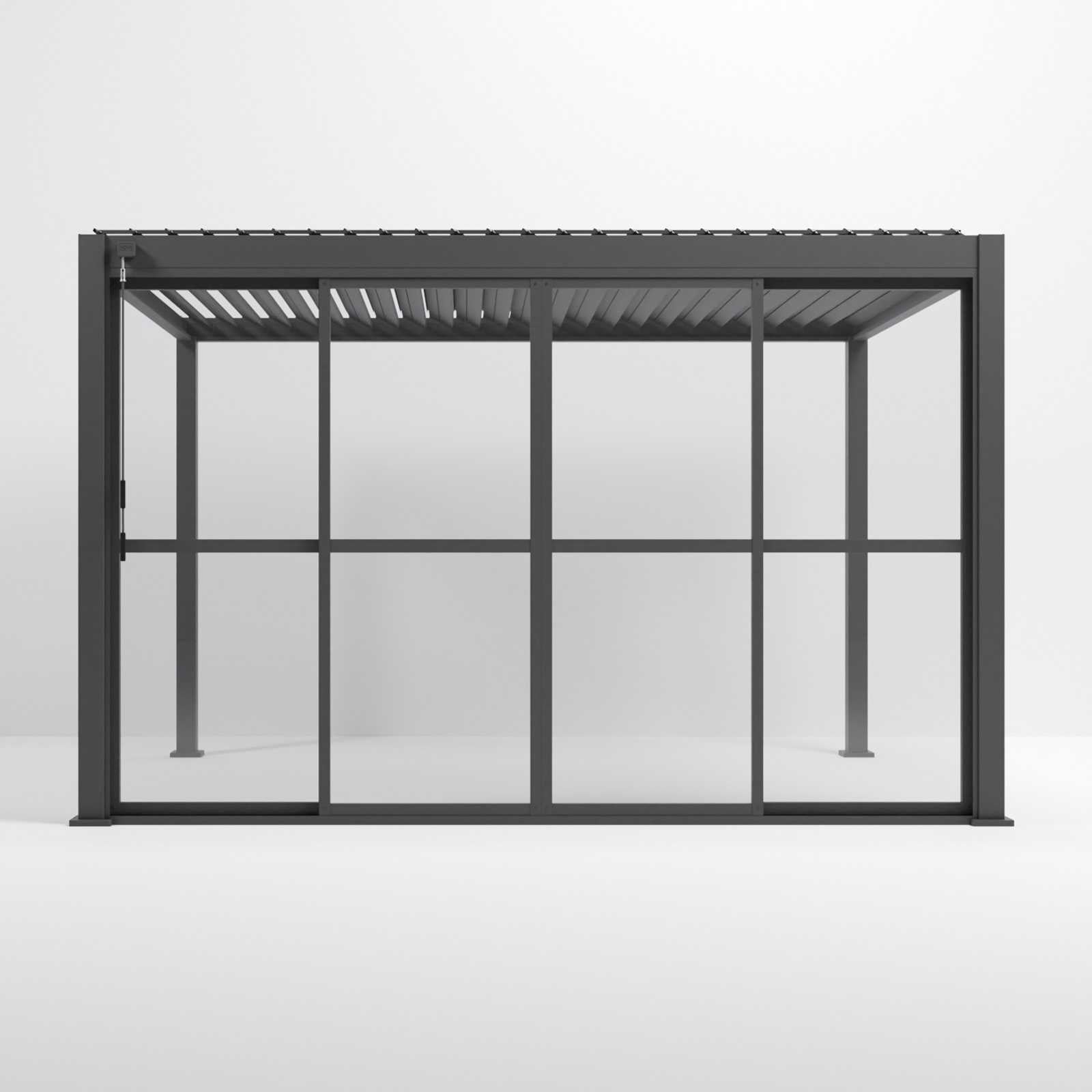 Nova Titan Pergola with Clear Sliding Doors | Aluminium Louvred Pergola – 3m, 3.6m & 4m | Grey