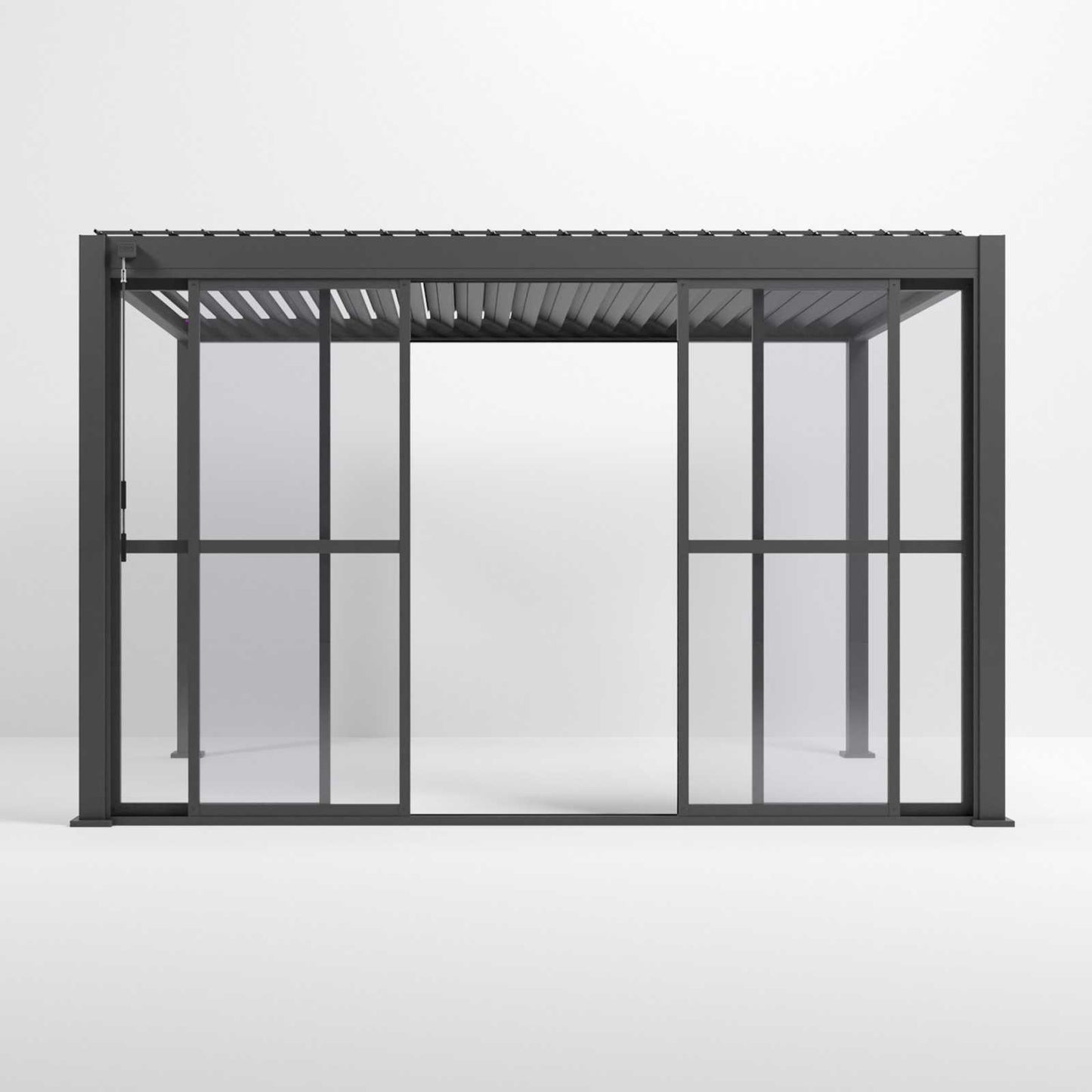 Nova Titan Pergola with Clear Sliding Doors | Aluminium Louvred Pergola – 3m, 3.6m & 4m | Grey