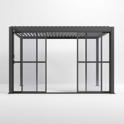Nova Titan Pergola with Clear Sliding Doors | Aluminium Louvred Pergola – 3m, 3.6m & 4m | Grey