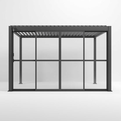 Nova Titan Pergola with Clear Sliding Doors | Aluminium Louvred Pergola – 3m, 3.6m & 4m | Grey