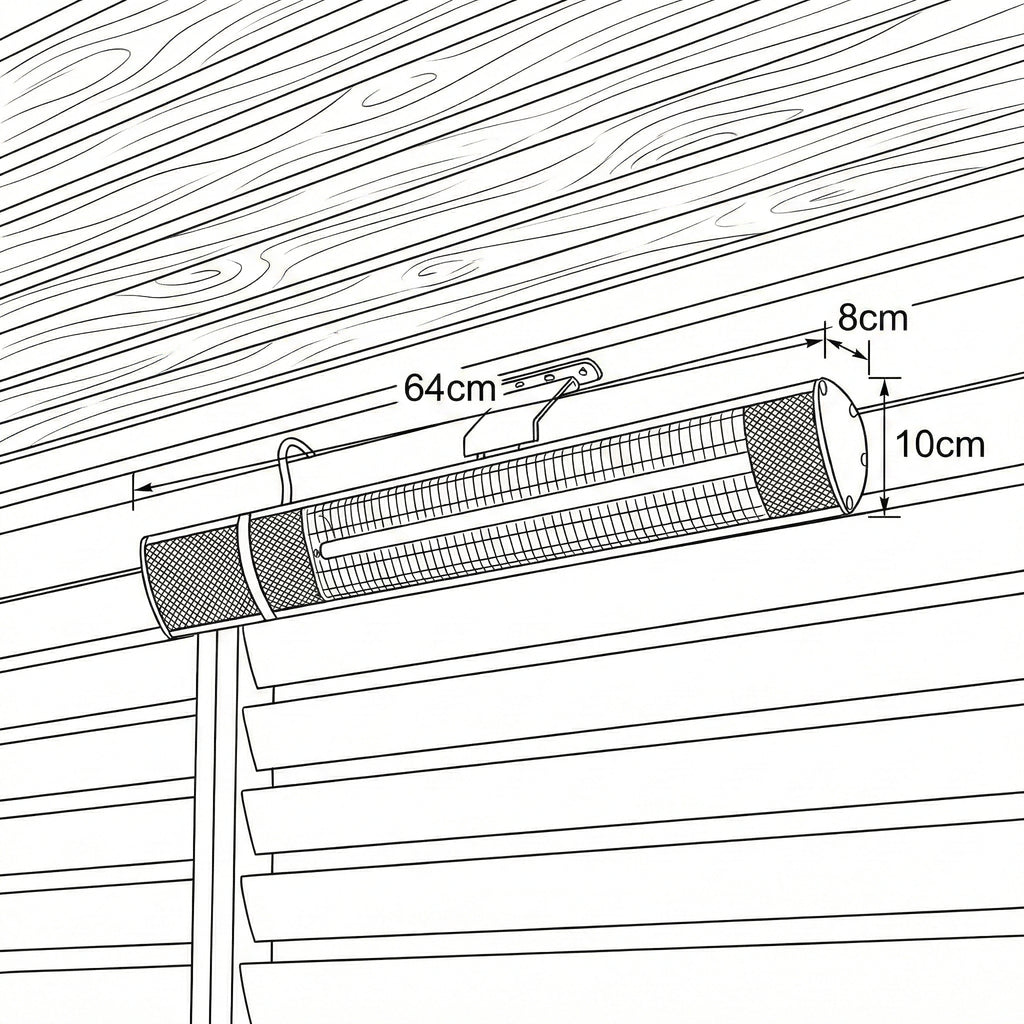 Dimension diagram: the Nova Hestia 2kW heater measures 64cm long, 10cm high and 8cm deep