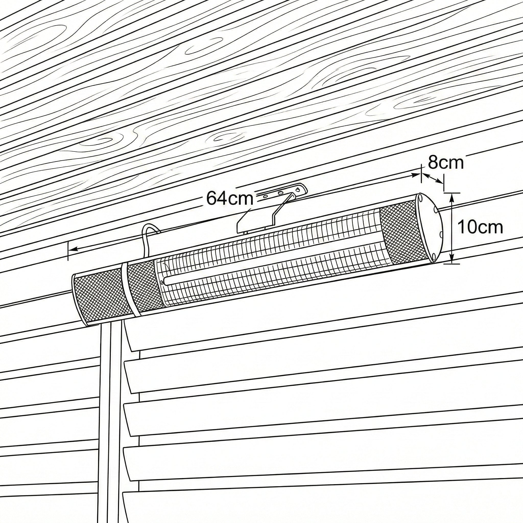 Dimension diagram: the Nova Hestia 2kW heater measures 64cm long, 10cm high and 8cm deep