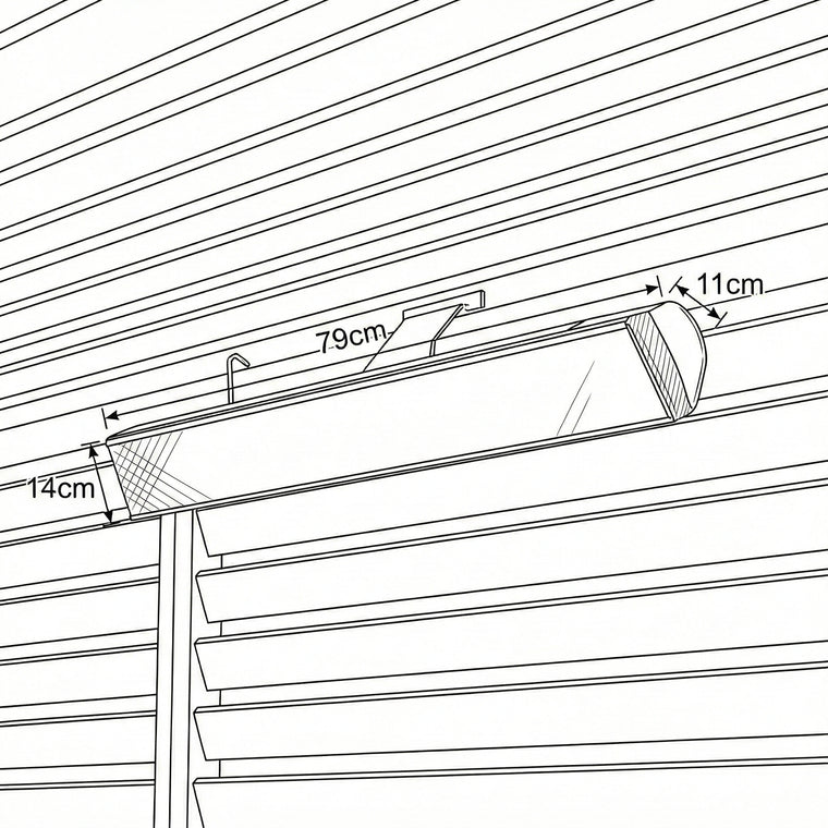 Dimension diagram: the Nova Zesti 2000W measures 79cm long, 14cm high and 11cm deep
