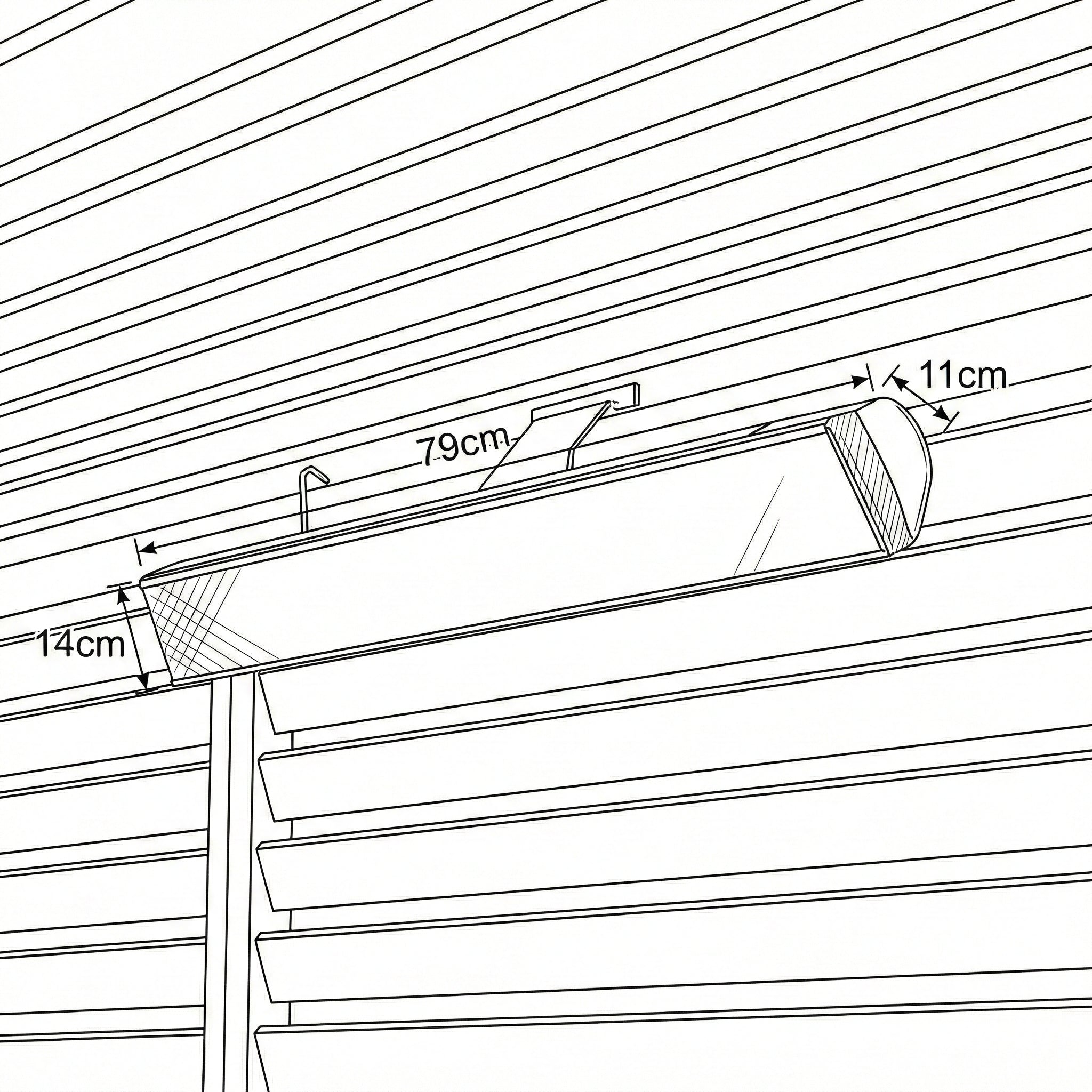 Dimension diagram: the Nova Zesti 2000W measures 79cm long, 14cm high and 11cm deep