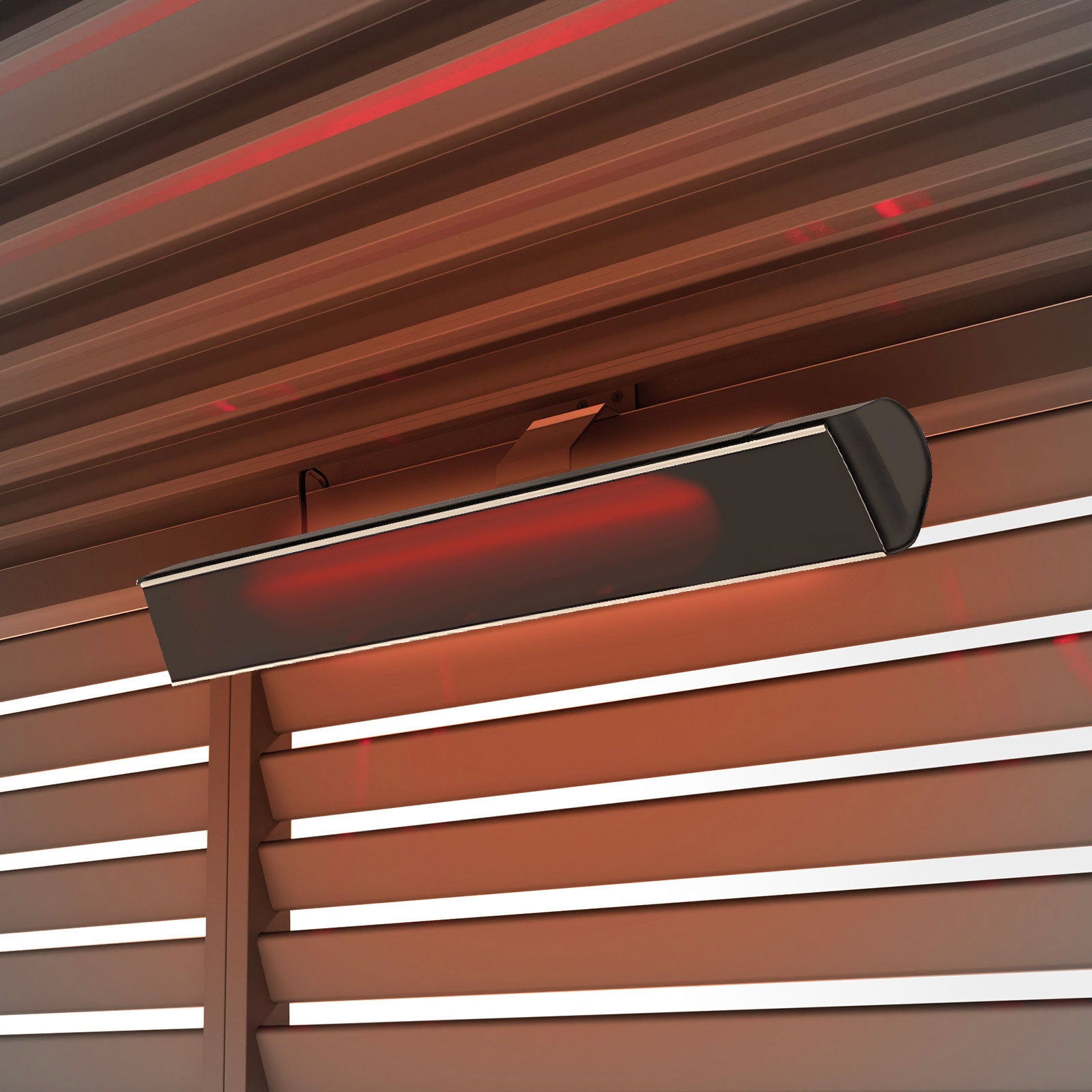 Nova Zesti 2000W pergola heater mounted beneath pergola louvres, element glowing red
