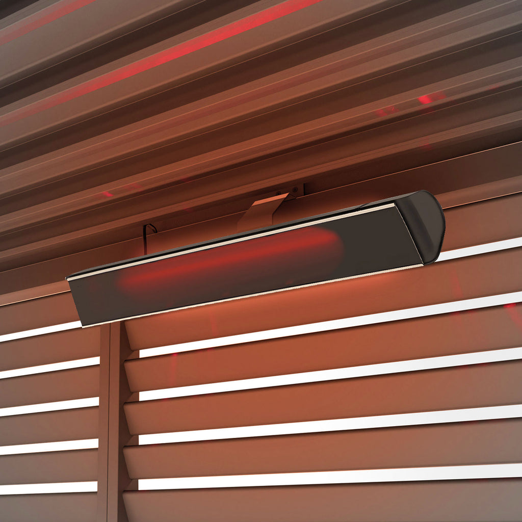 Nova Zesti 3000W pergola heater mounted beneath pergola louvres, element glowing red