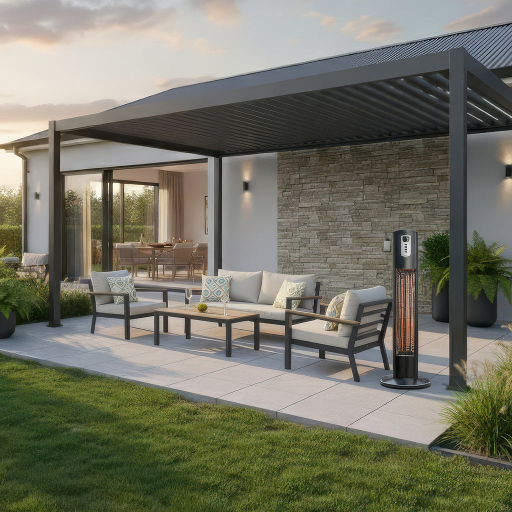 Nova Helios pedestal heater standing on a patio beneath a pergola, element glowing