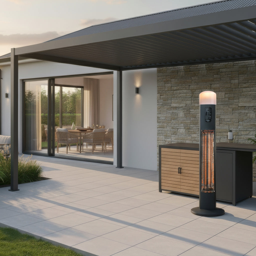 Nova Diana pedestal heater beside an outdoor kitchen unit, lamp and element lit