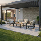 Nova Diana pedestal heater lighting a pergola seating area at dusk