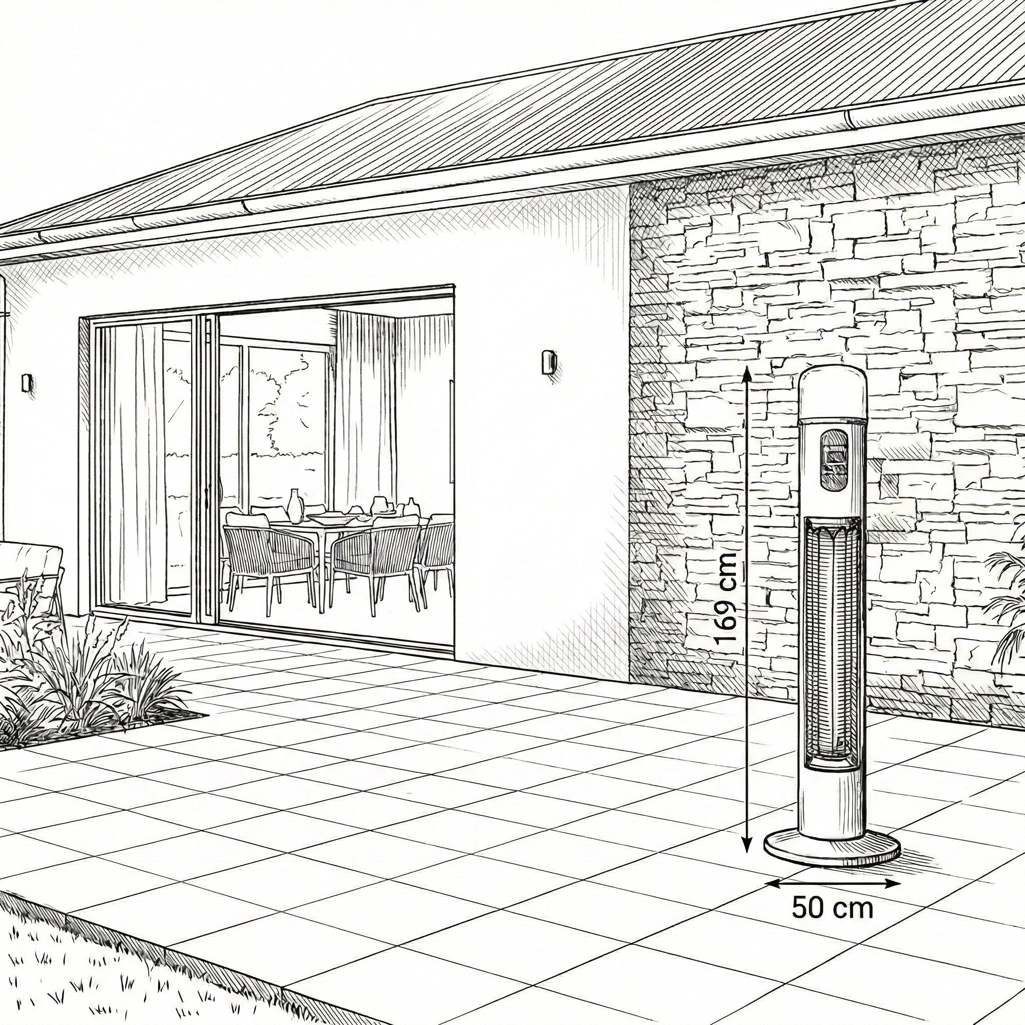 Dimension diagram: the Nova Diana stands 169cm tall on a 50cm base