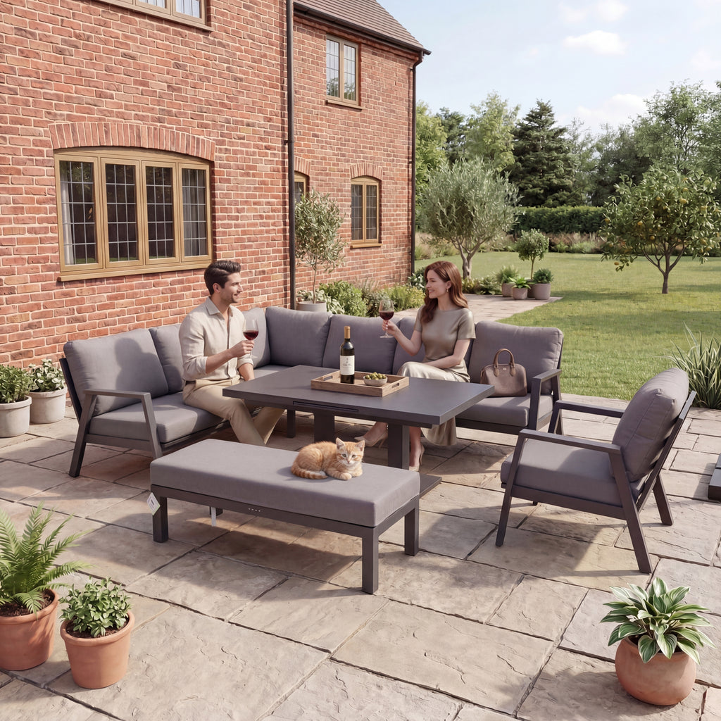 Nova Phoenix L-Shaped Corner Sofa Lounge Dining Set with Armchair & Double Bench & Rectangular Extending Rising Table, N26106