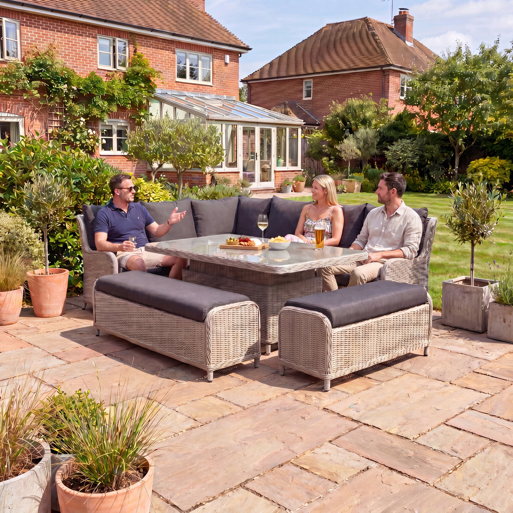 Nova Avery Grande Left Hand Corner Sofa Lounge Dining Set with Rectangular Rise & Fall Table (Plus), Grey, N27093