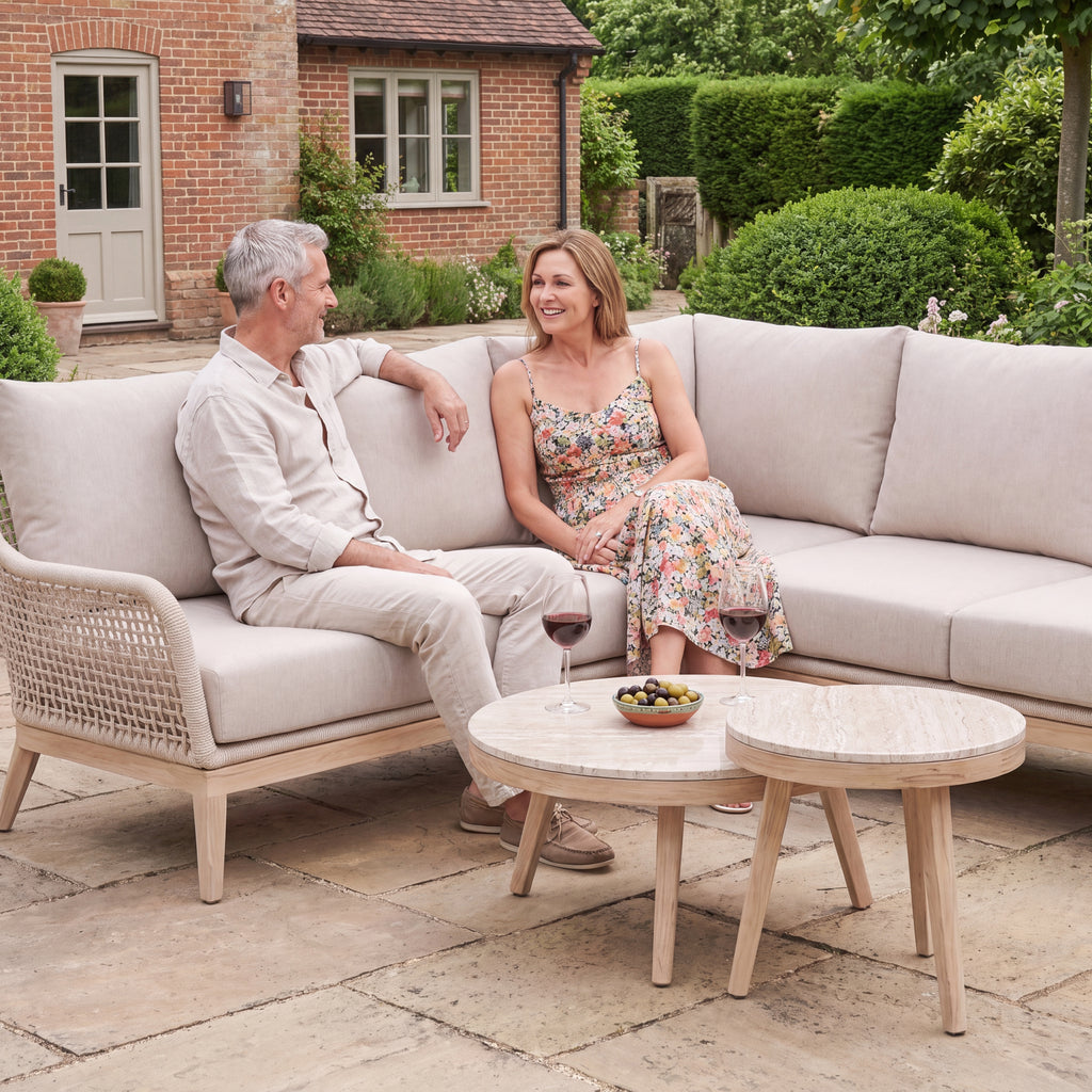 Nova Autumn Corner Sofa Lounging Set with Round Coffee Table & Side Table, Beige, N27121