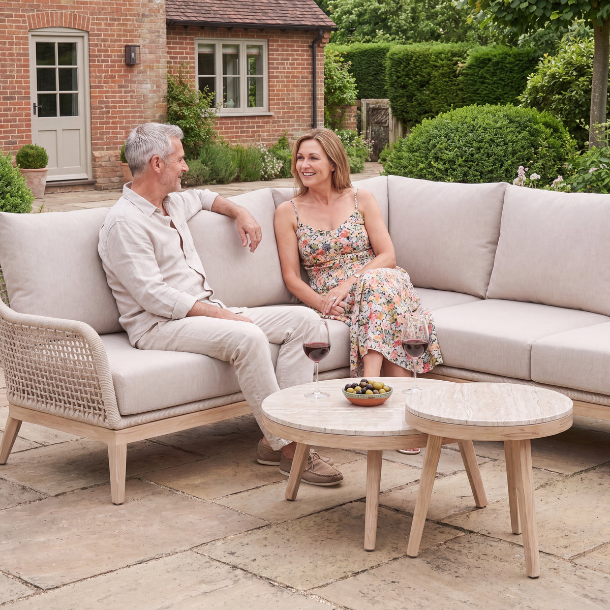 Nova Autumn Corner Sofa Lounging Set with Round Coffee Table & Side Table, Beige, N27121