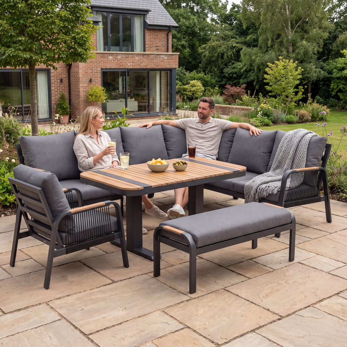 Nova Harvey L-Shaped Corner Sofa Lounge Dining Set with Rectangular Rising Table (Plus), Grey, N27001
