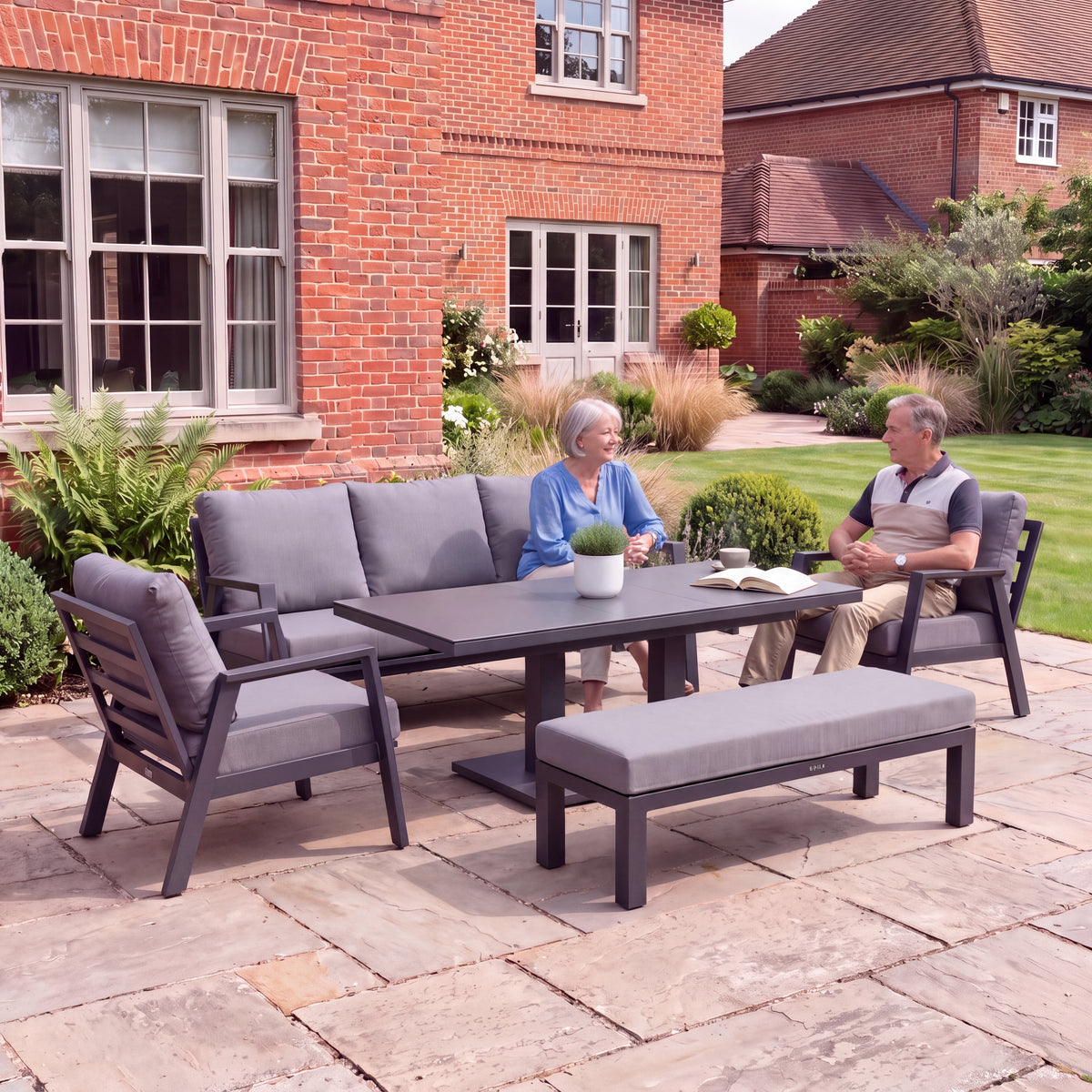 Nova Phoenix 3 Seater Sofa Lounge Dining Set with Rectangular Extending Rising Table (Plus), Grey, N27056