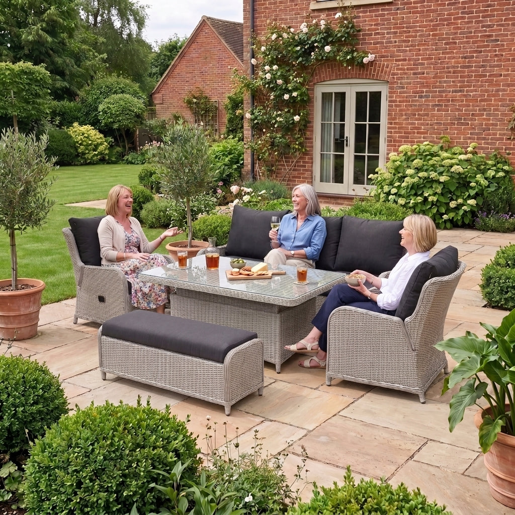 Nova Avery Grande 3 Seater Reclining Sofa Lounge Dining Set with Rectangular Rise & Fall Table (Plus), Grey, N27096