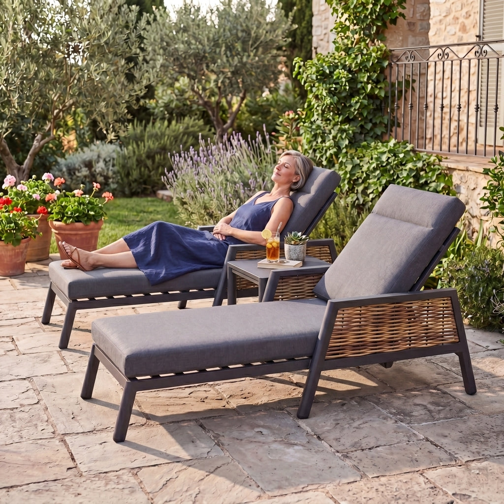 Nova Oscar Reclining Sun Lounger with Square Side Table, Beige, N27019