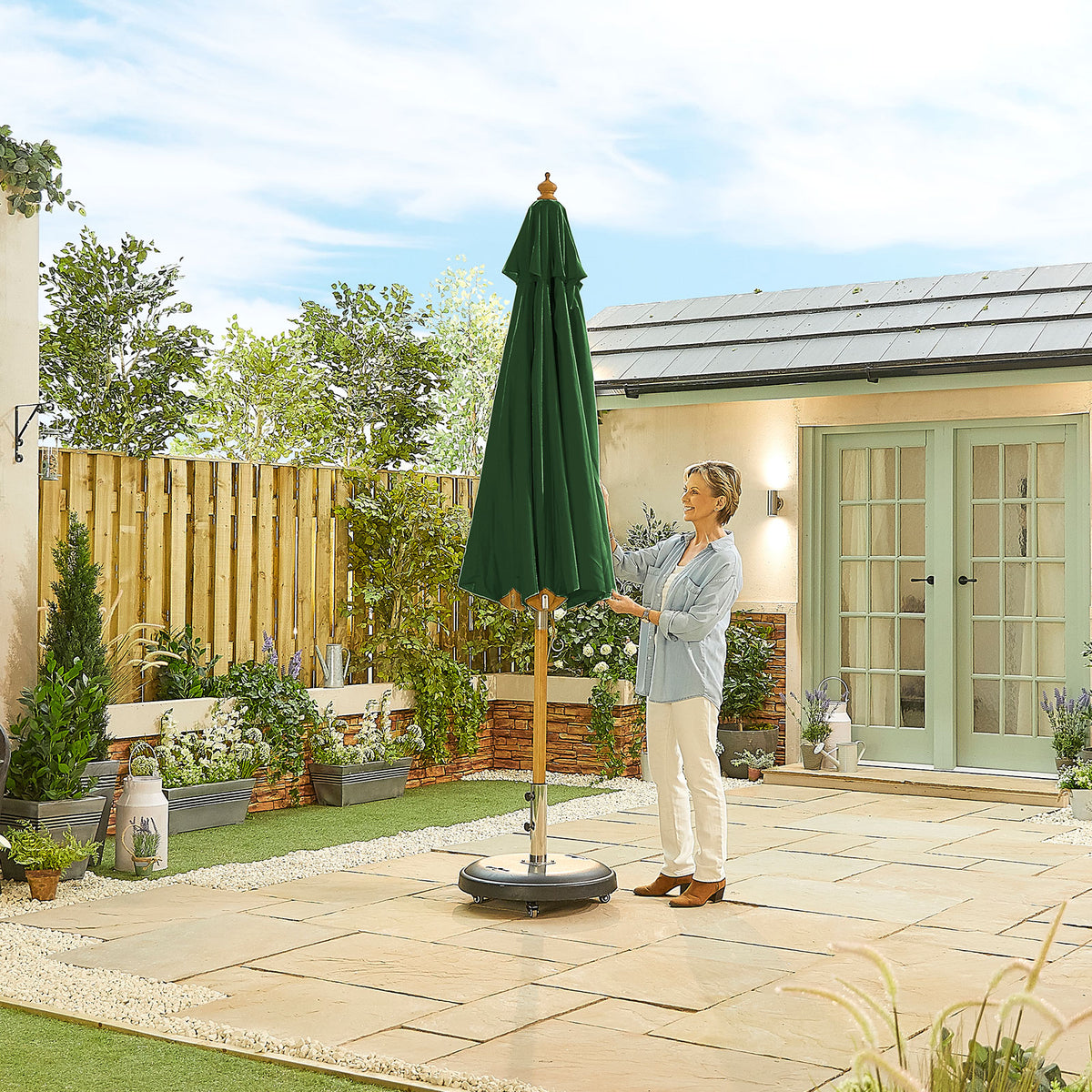 Nova Sylva Deluxe Wooden Parasol, 3m Round, Green, N15286