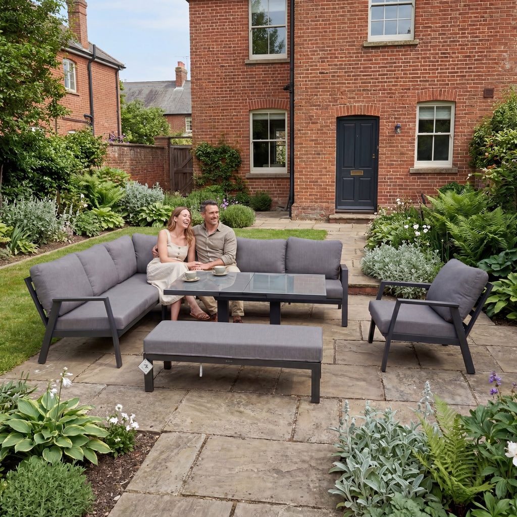 Nova Phoenix L-Shaped Corner Sofa Lounge Dining Set with Armchair & Double Bench & Rectangular Rising Table, N26107