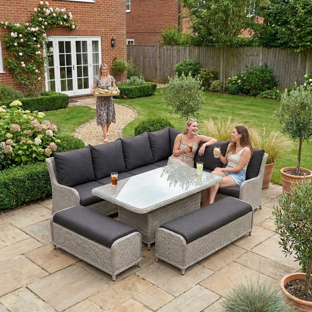 Nova Avery Grande Right Hand Corner Sofa Lounge Dining Set with Rectangular Rise & Fall Table (Plus), Grey, N27094