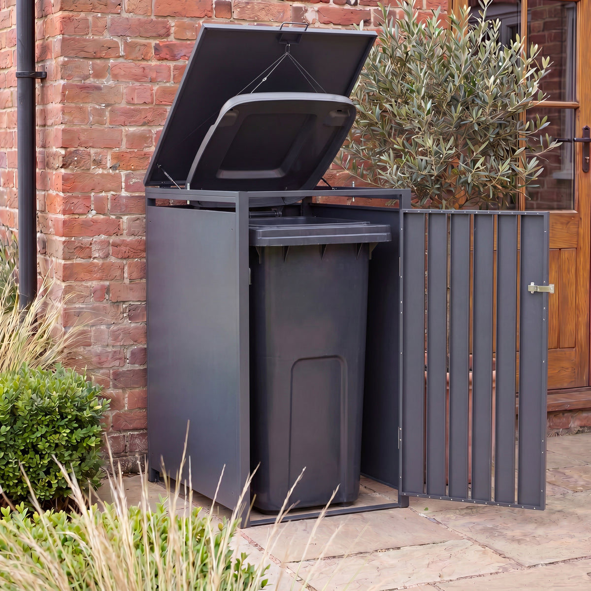 Nova Luna 240L Single Wheelie Bin Storage Cupboard with Vertical Slatted Door, Grey, N27144