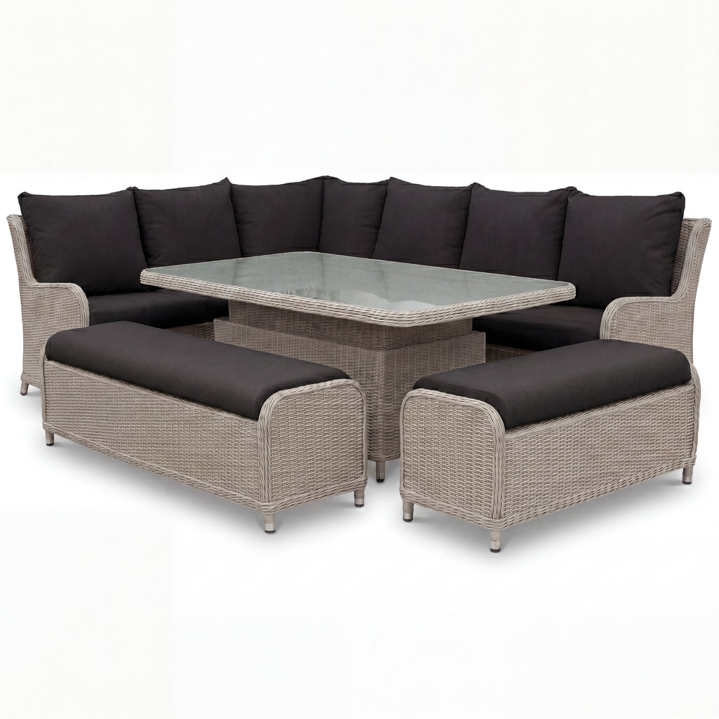 Nova Avery Grande Left Hand Corner Sofa Lounge Dining Set with Rectangular Rise & Fall Table (Plus), Grey, N27093