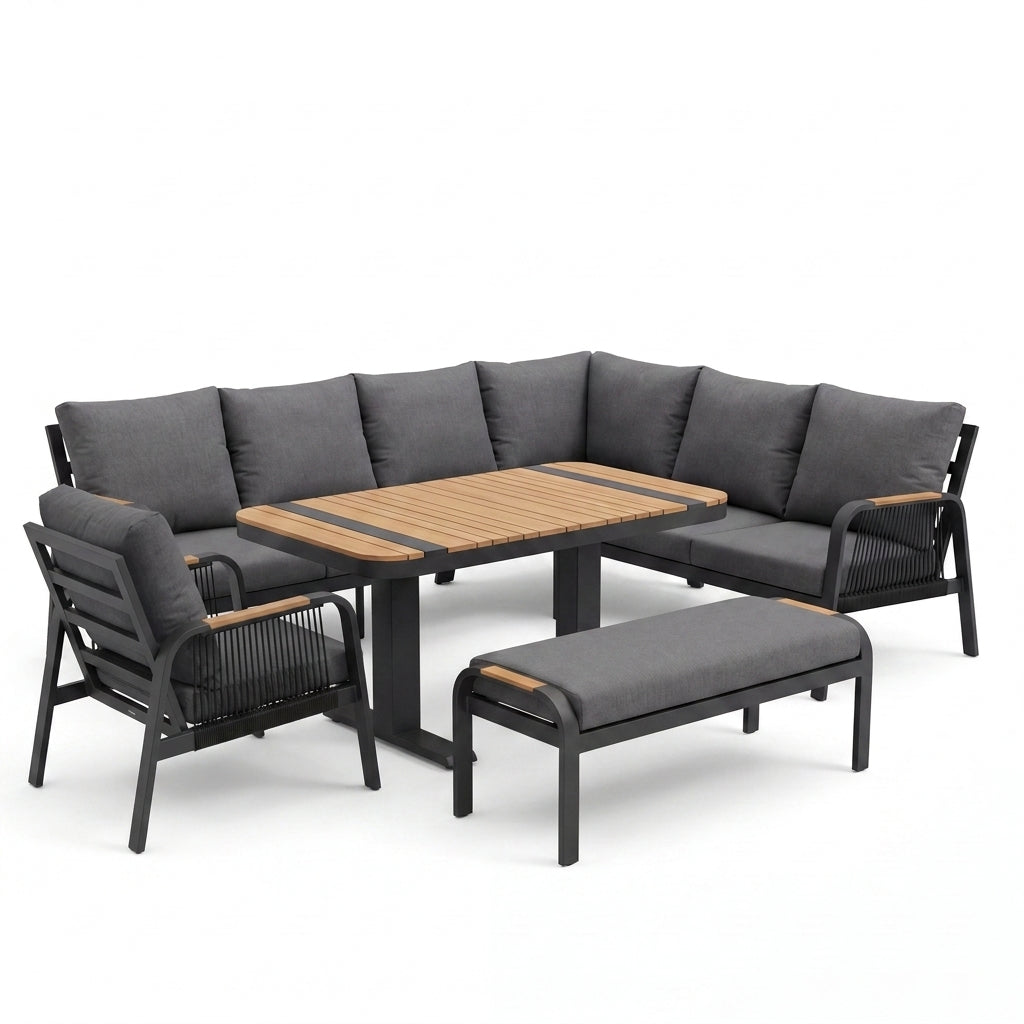 Nova Harvey L-Shaped Corner Sofa Lounge Dining Set with Rectangular Rising Table (Plus), Grey, N27001