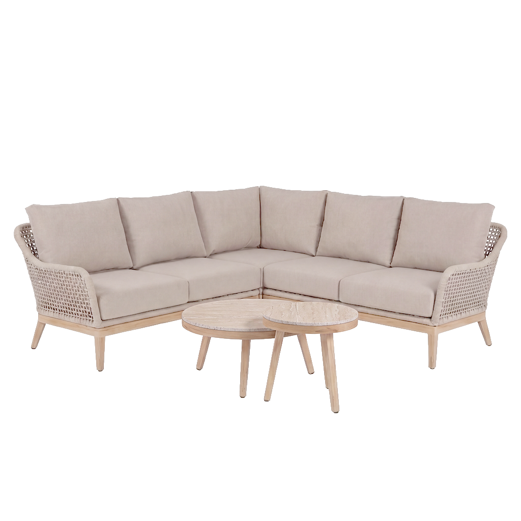 Nova Autumn Corner Sofa Lounging Set with Round Coffee Table & Side Table, Beige, N27121