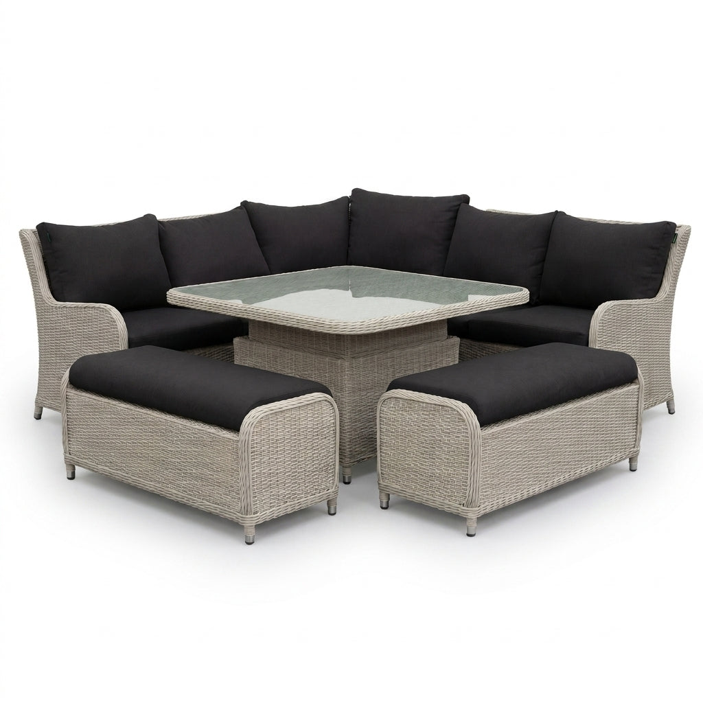 Nova Avery Grande Curved Corner Sofa Lounge Dining Set with Square Rise & Fall Table (Plus), Grey, N27095