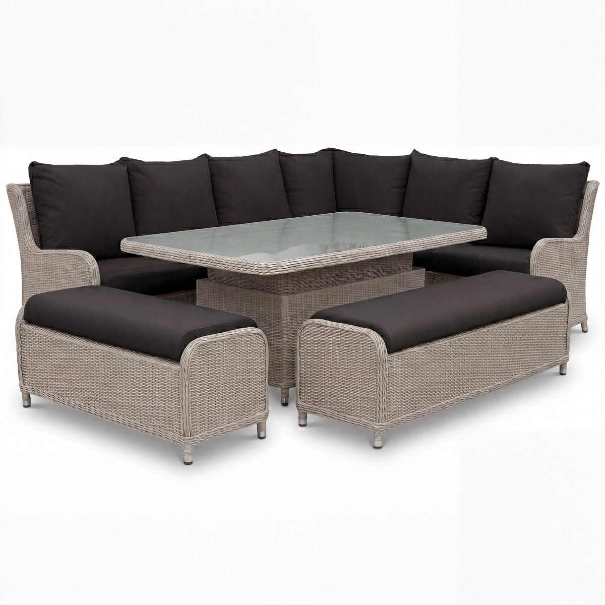 Nova Avery Grande Right Hand Corner Sofa Lounge Dining Set with Rectangular Rise & Fall Table (Plus), Grey, N27094