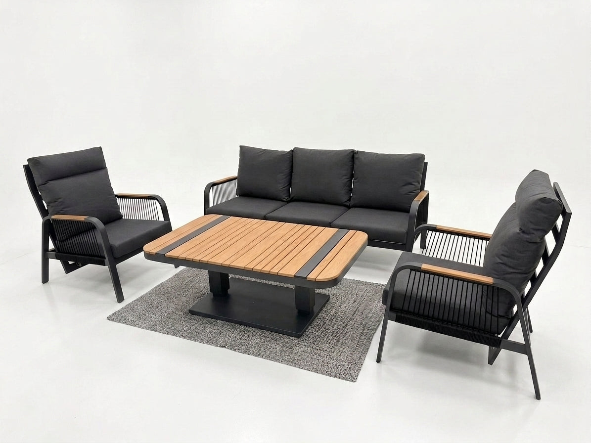 Nova Harvey 3 Seater Sofa Reclining Lounge Dining Set with Rectangular Rising Table, Grey, N27004