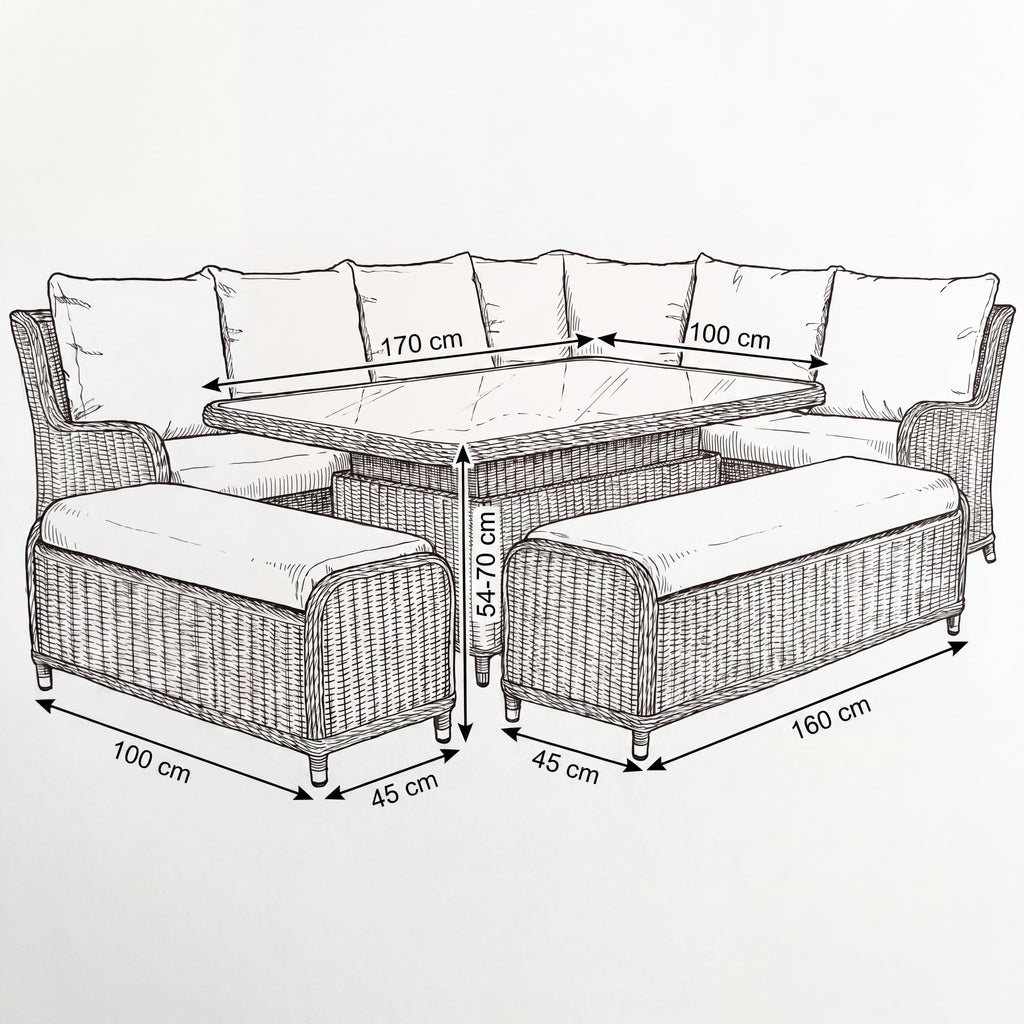 Nova Avery Grande Right Hand Corner Sofa Lounge Dining Set with Rectangular Rise & Fall Table (Plus), Grey, N27094