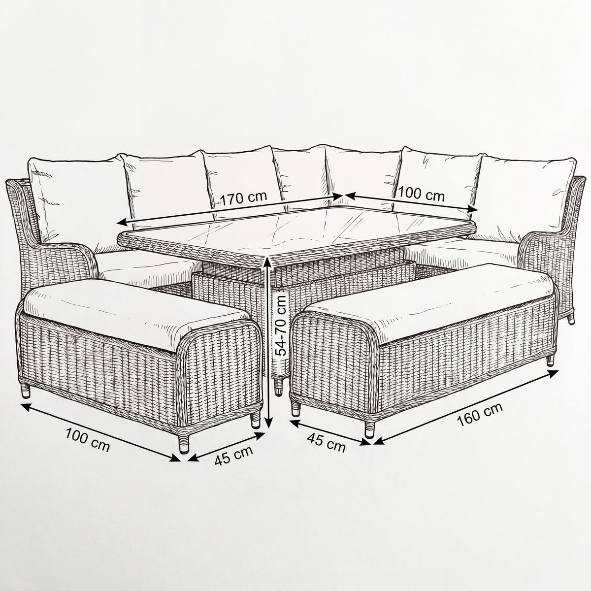 Nova Avery Grande Right Hand Corner Sofa Lounge Dining Set with Rectangular Rise & Fall Table (Plus), Grey, N27094