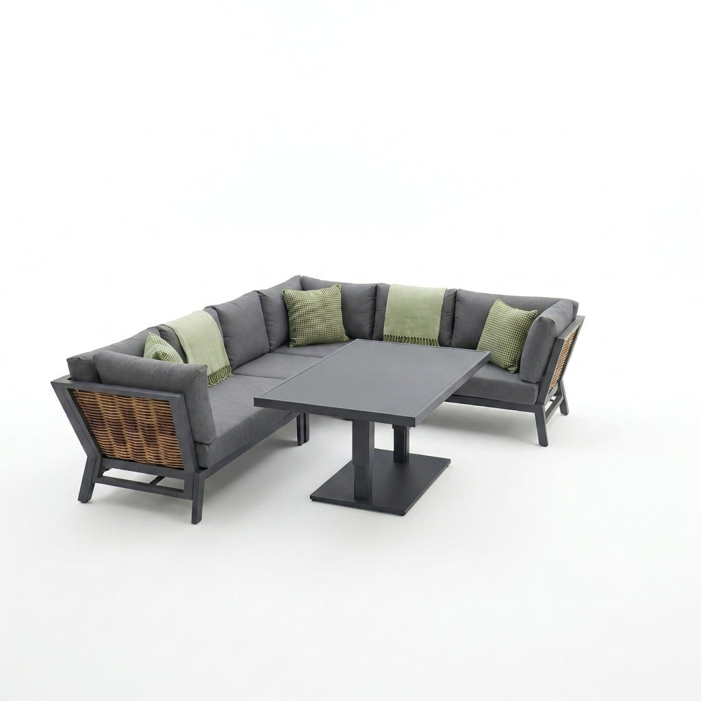 Nova Oscar L-Shaped Reclining Corner Sofa Lounge Dining Set with Rectangular Rising Table, Beige, N27015