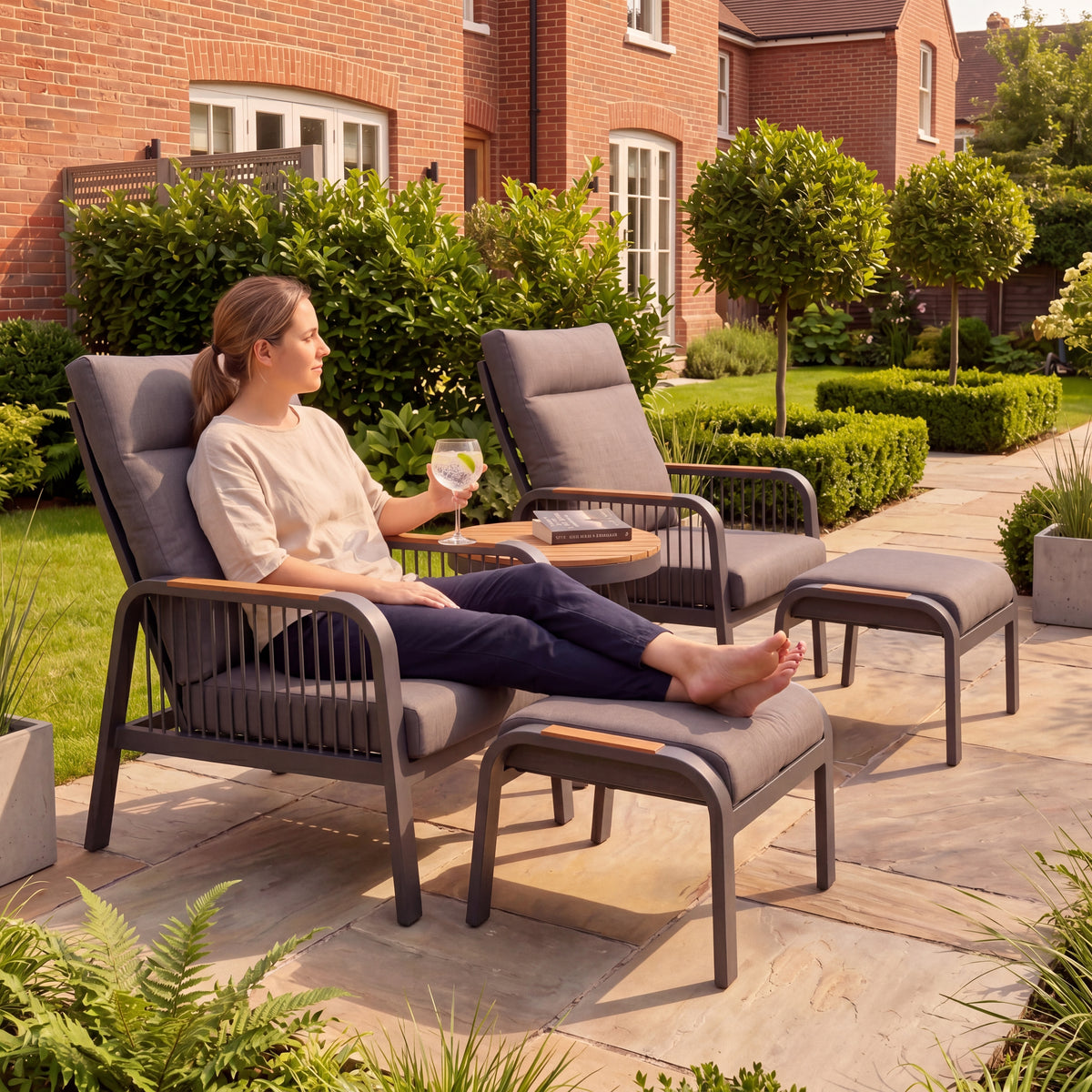 Nova Harvey 5pc Reclining Lounging Set with Round Side Table, Grey, N27010