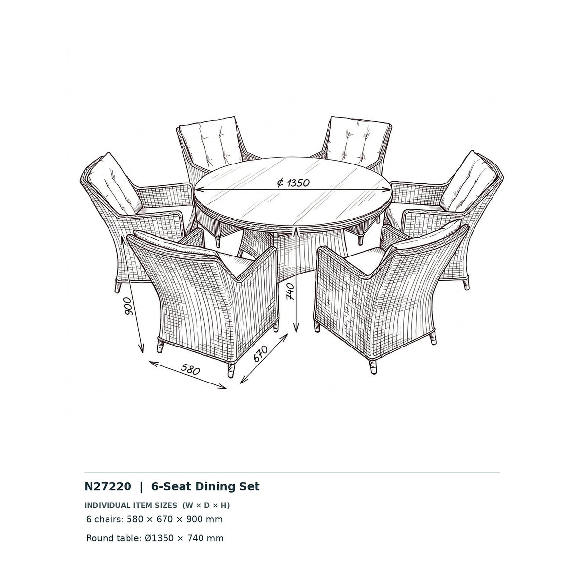 Nova Magnus 6 Seat Dining Set with 1.35m Round Table, N27220