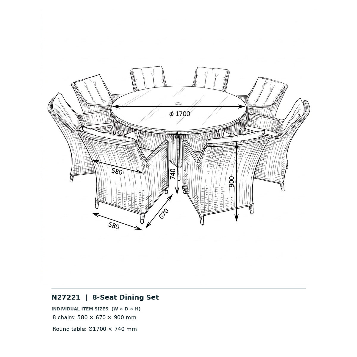 Nova Magnus 8 Seat Dining Set with 1.7m Round Table, N27221