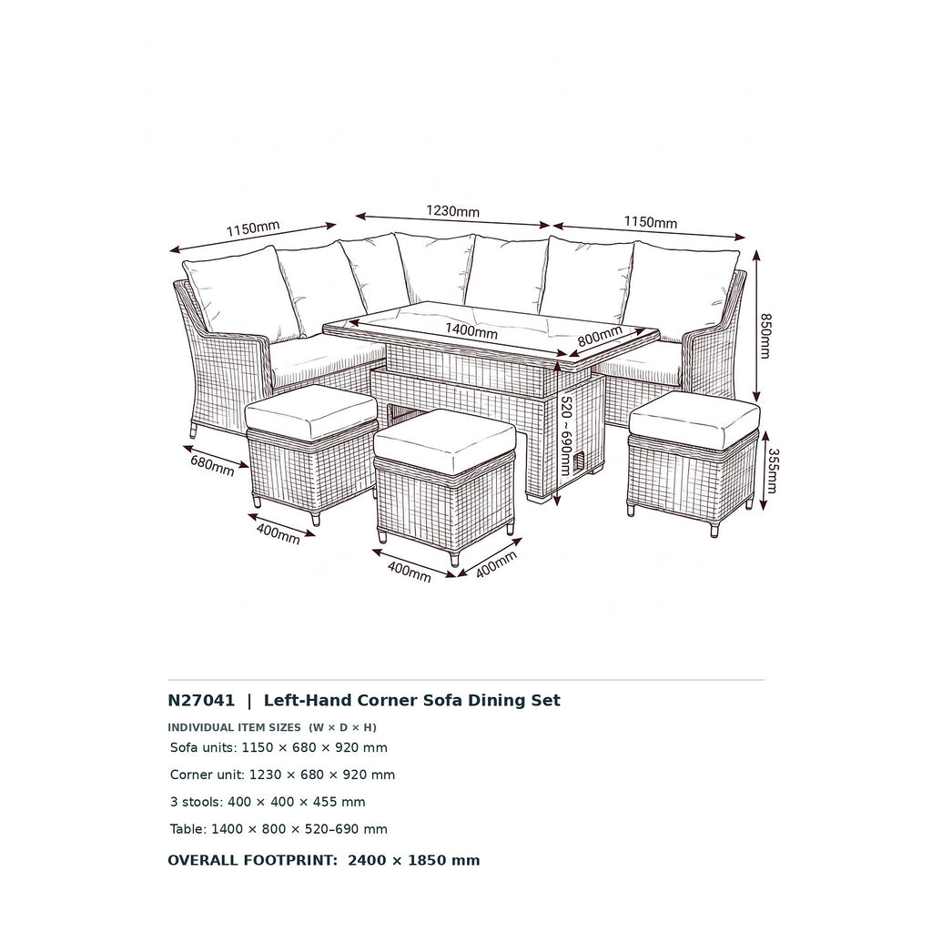 Nova Magnus Left Hand Corner Sofa Lounge Dining Set with Rectangular Rise & Fall Table, N27041