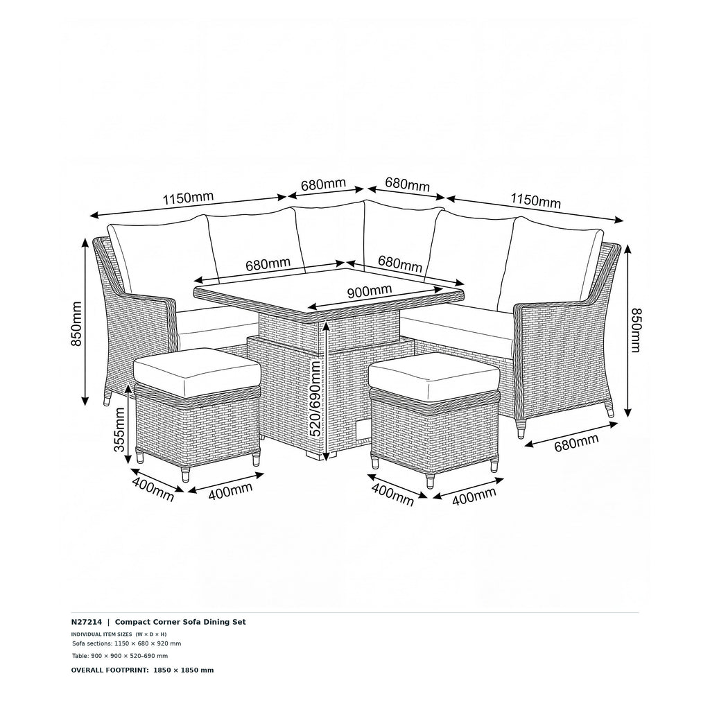 Nova Magnus Compact Corner Sofa Lounge Dining Set with Square Rise & Fall Table (Plus), N27214