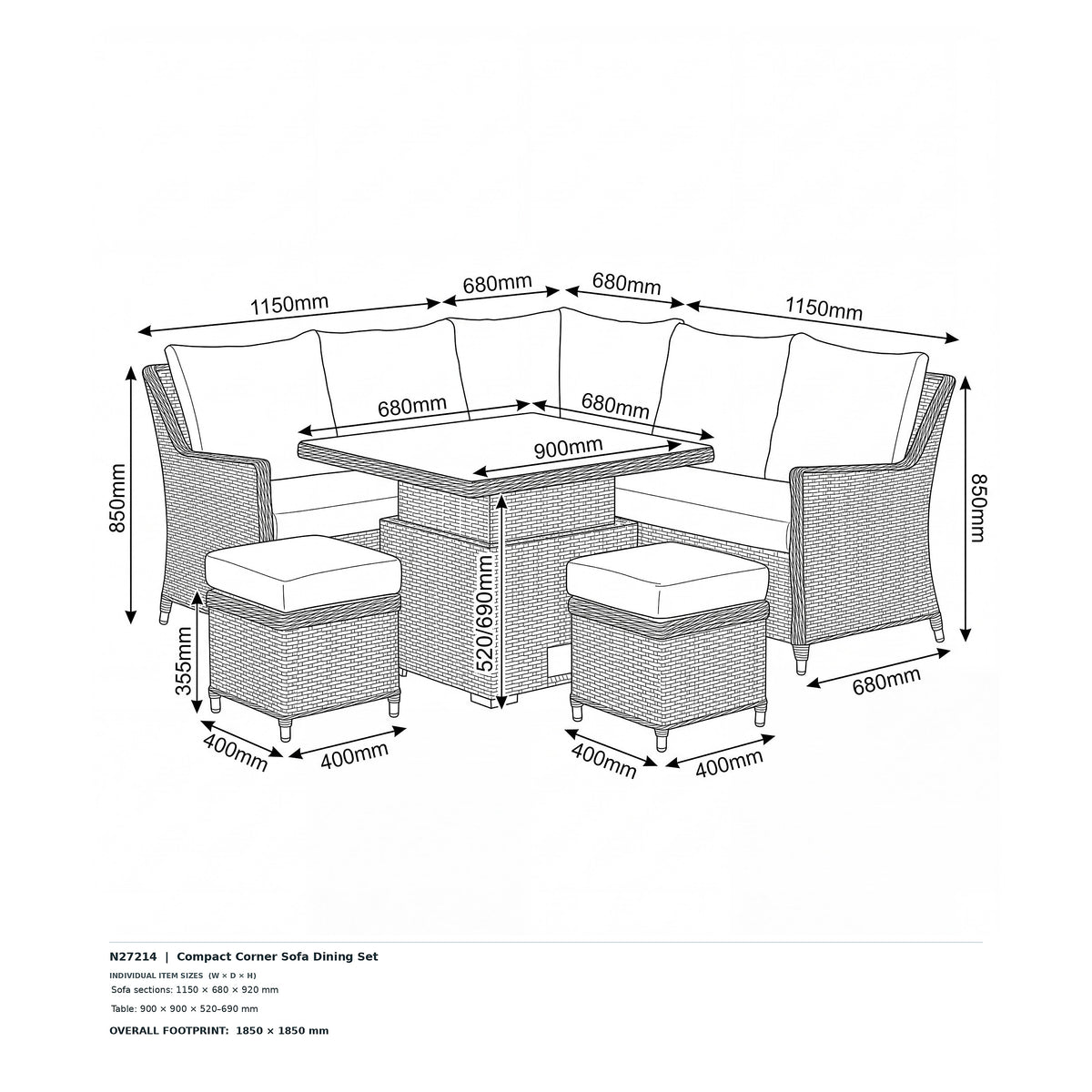 Nova Magnus Compact Corner Sofa Lounge Dining Set with Square Rise & Fall Table (Plus), N27214