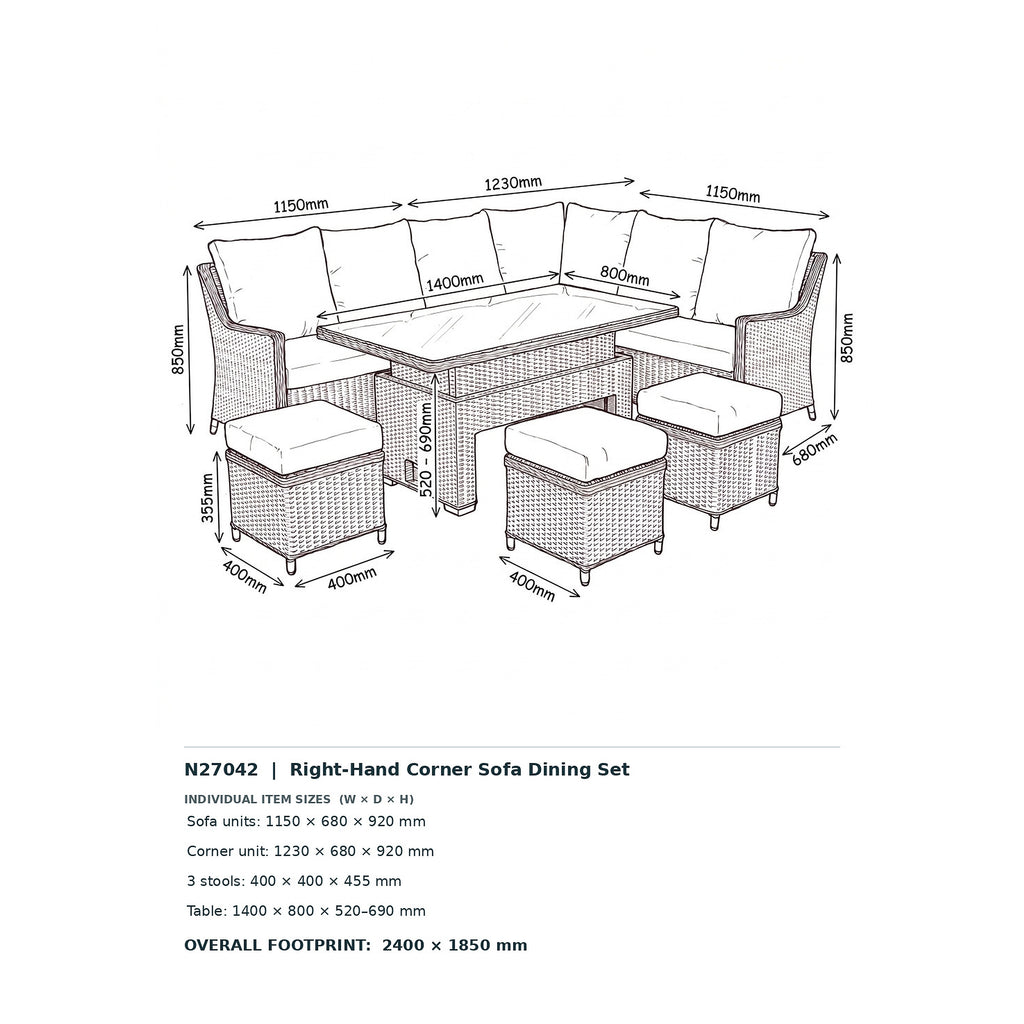 Nova Magnus Right Hand Corner Sofa Lounge Dining Set with Rectangular Rise & Fall Table, N27042