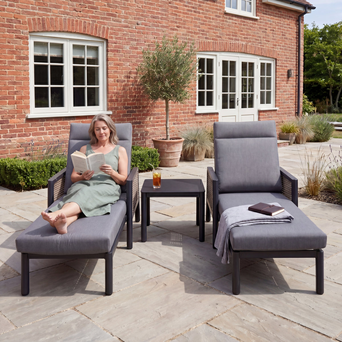 Nova Oscar Reclining Sun Lounger with Square Side Table, Beige, N27019