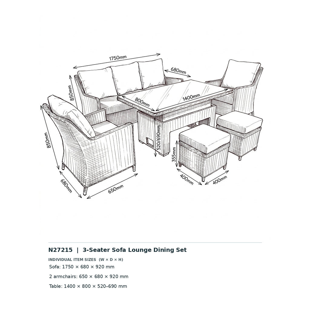 Nova Magnus 3 Seater Sofa Lounge Dining Set with Rectangular Rise & Fall Table (Plus), N27215