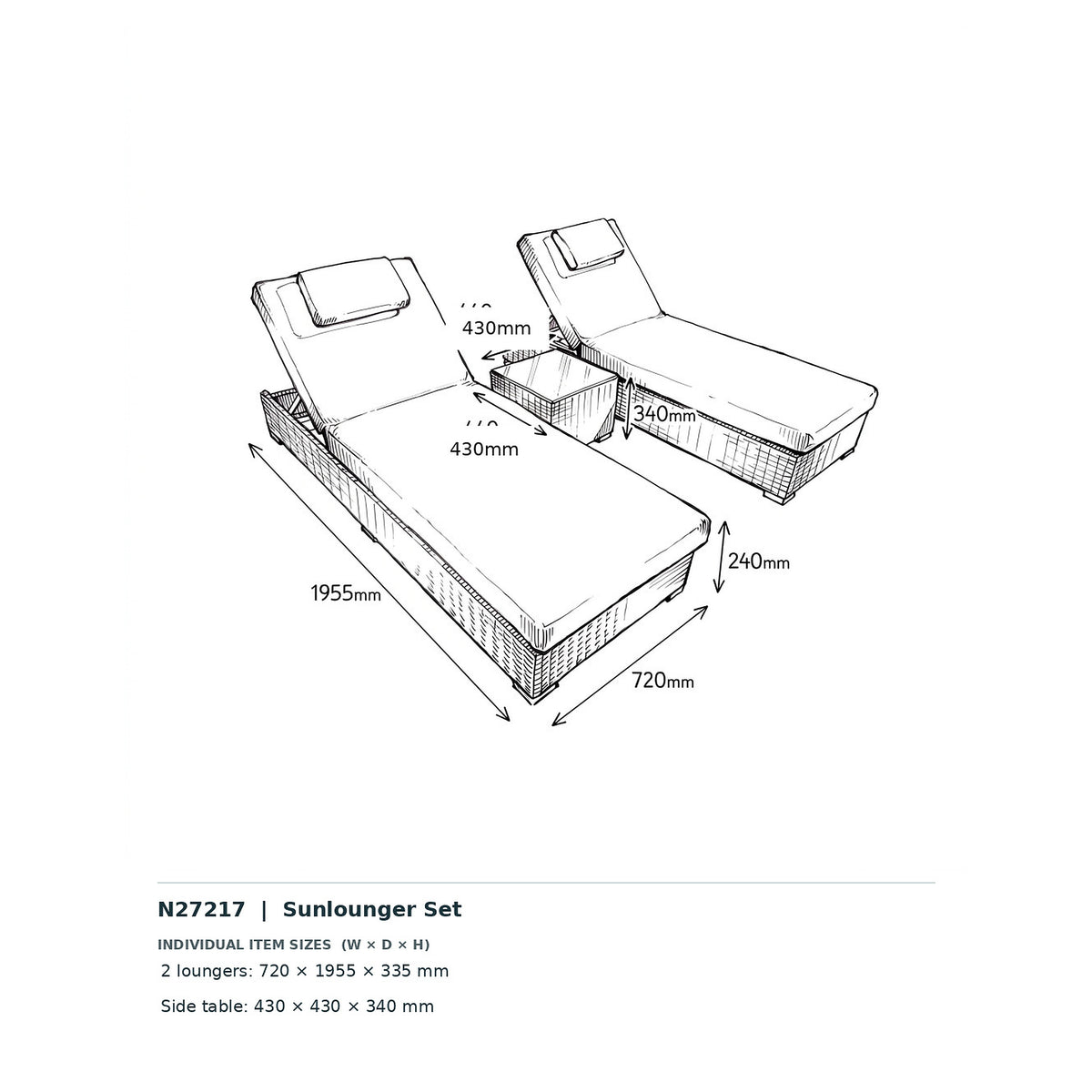 Nova Magnus Sun Lounging Set with 0.4m Square Side Table, N27217